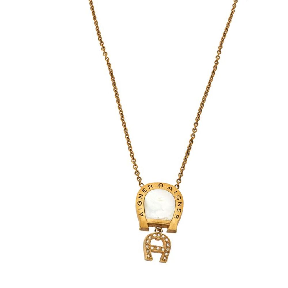 Aigner Gold Tone Mother Of Pearl Crystal Logo Pendant Necklace